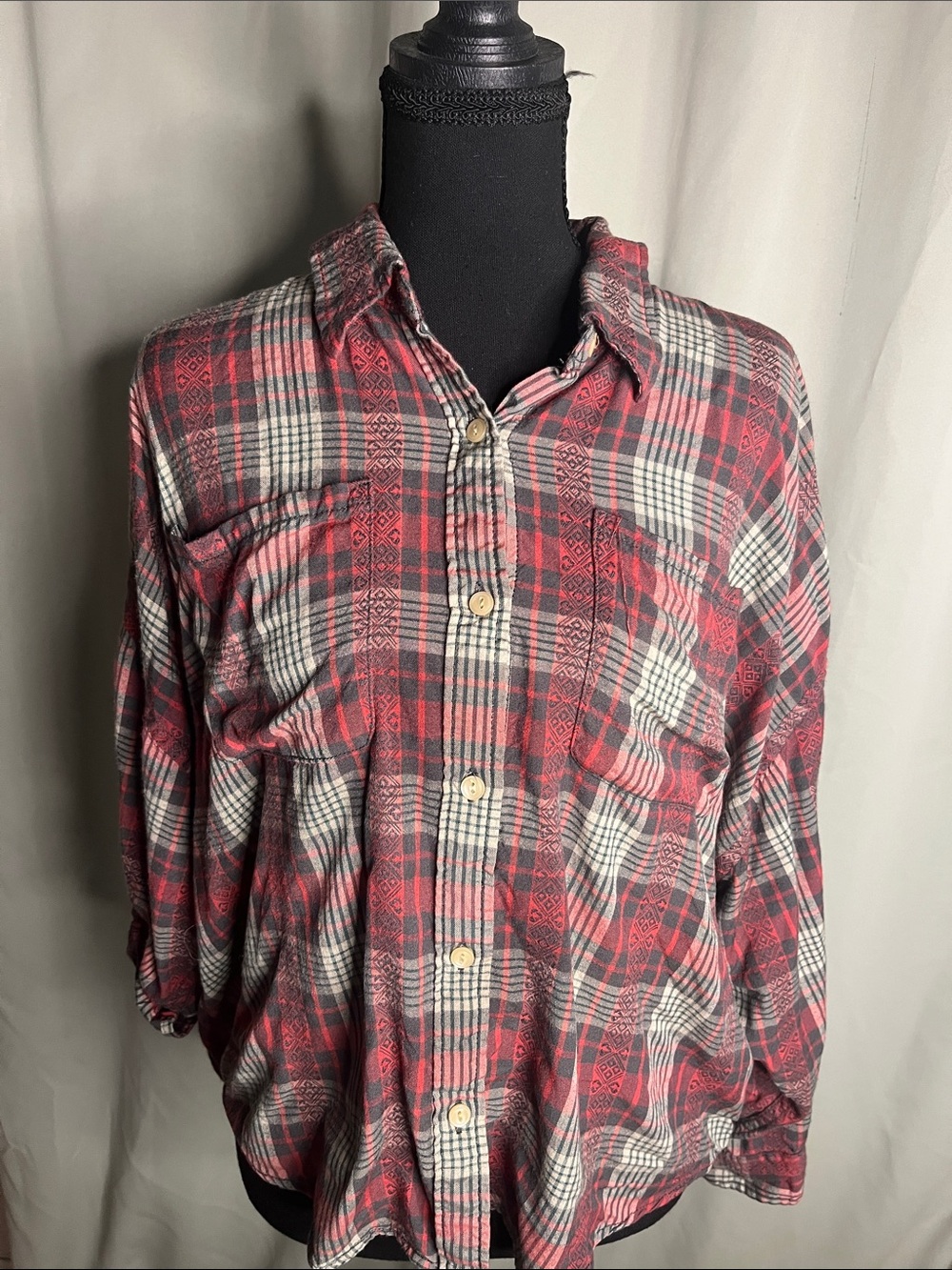 Denim & Supply Red Plaid Button-Up Shirt Women Large Oversized and Cropped